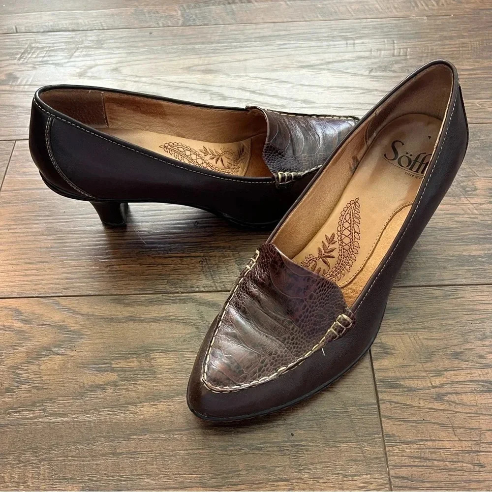 Sofft Brown Crocodile Leather Pointed Kitty Heels Womens Size 7